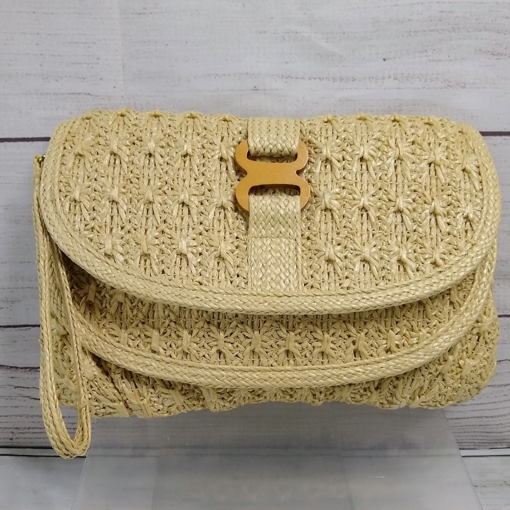 Ralfeaux Vtg'70s Md/Lg DualFlap MultiPocket Woven Raffia Straw Wristlet Clutch